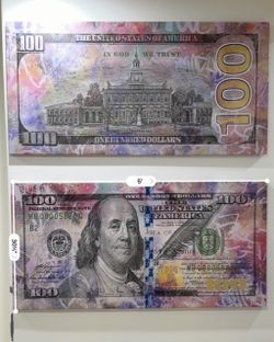 Set of 2 matching $100 bill/graffiti-style canvas wall art pieces