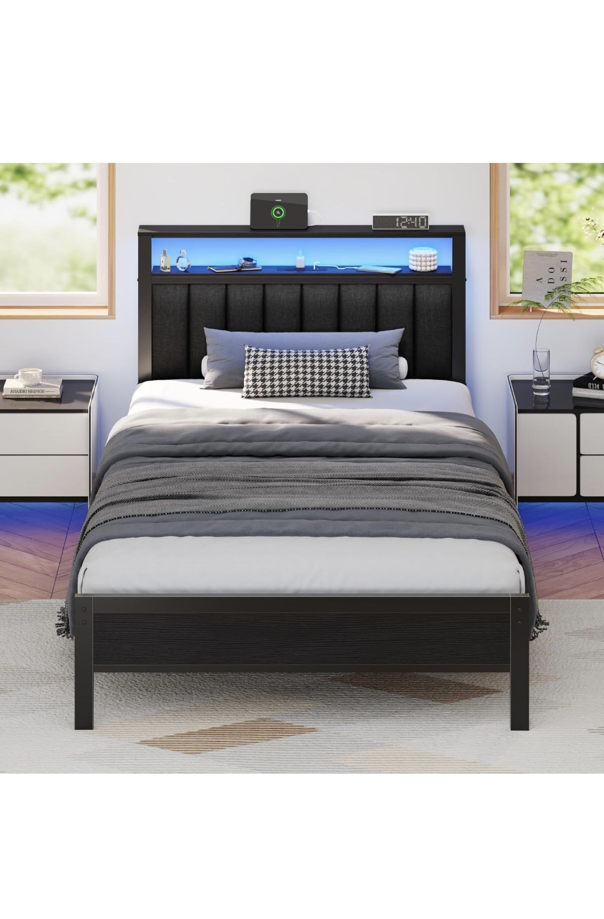 New In Box Furnulem Twin Size Bed Frame with Charging Station and LED Lights, Platform Bed with Metal Slats, Grey Upholstered Headboard with 2-Tier St