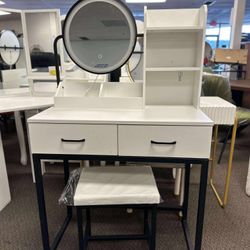 Makeup Vanity Desk with Mirror and Lights, Cute Vanity Makeup Table, Small Vanity Table for Bedroom with Lots Storage, 3 Lighting Modes, 31.5in(L) $12