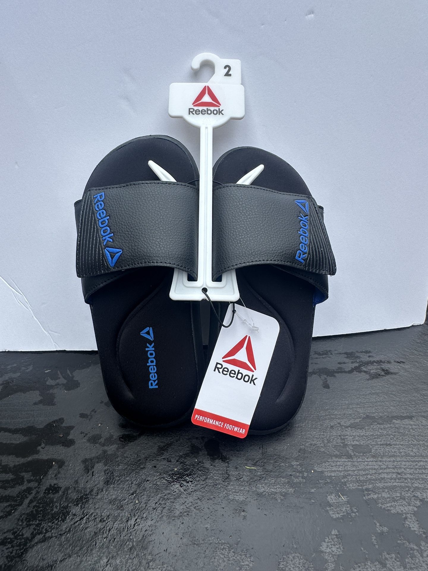 Reebok Boys Slides- Black & Blue Adjustable Strap Memory Foam Sandals