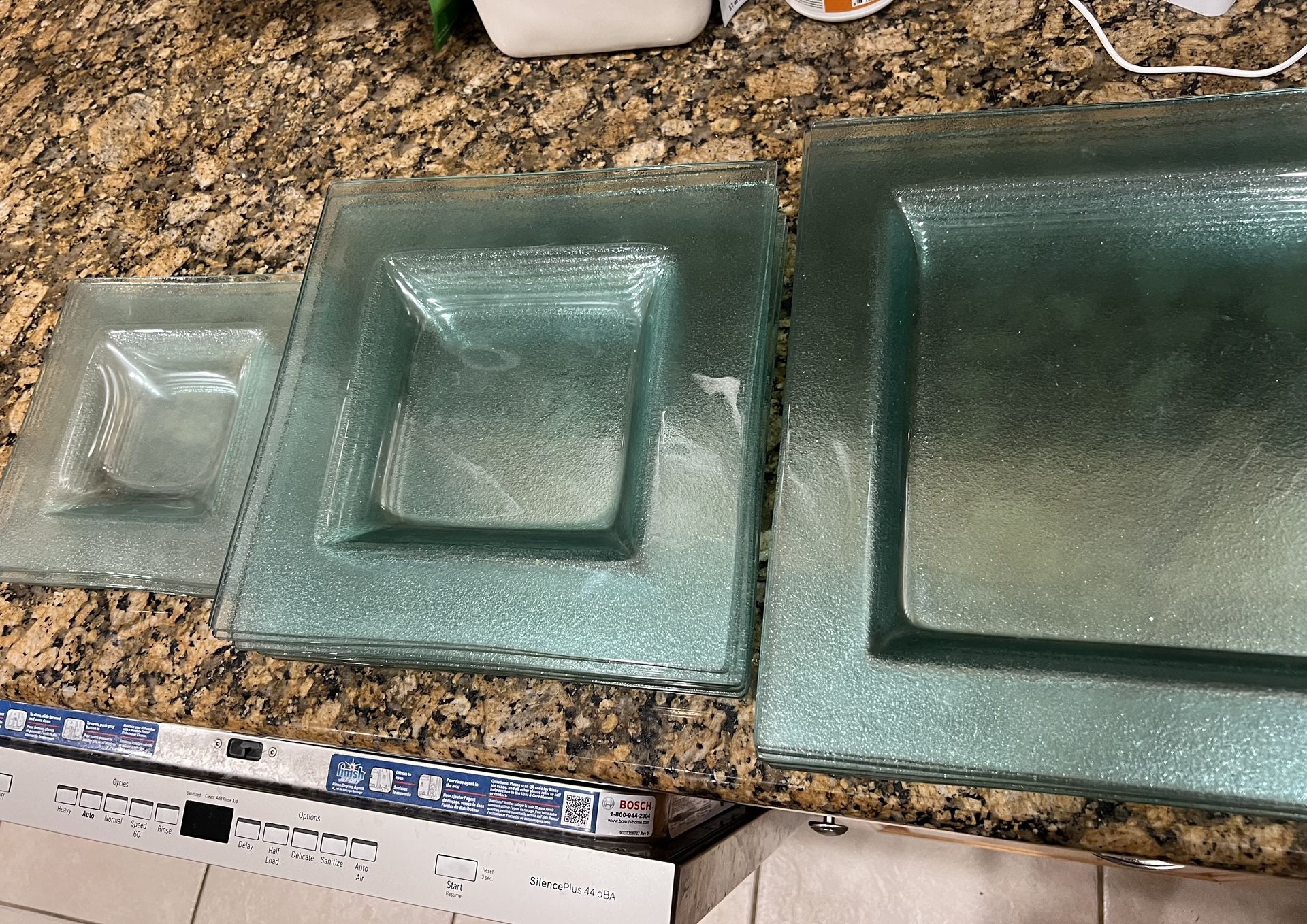 Vintage Green Blue Glass Textured Plates 8 Small Appetizers, 8 Medium, 8 Large