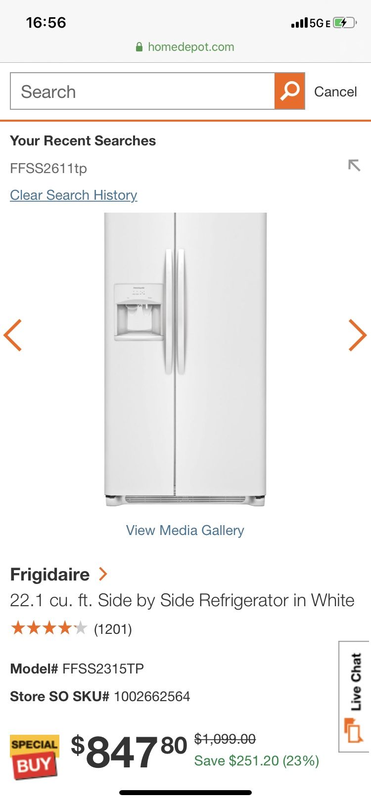 FFSS2615TP Frigidaire 22.1 cu. ft. Side by Side Refrigerator in White
