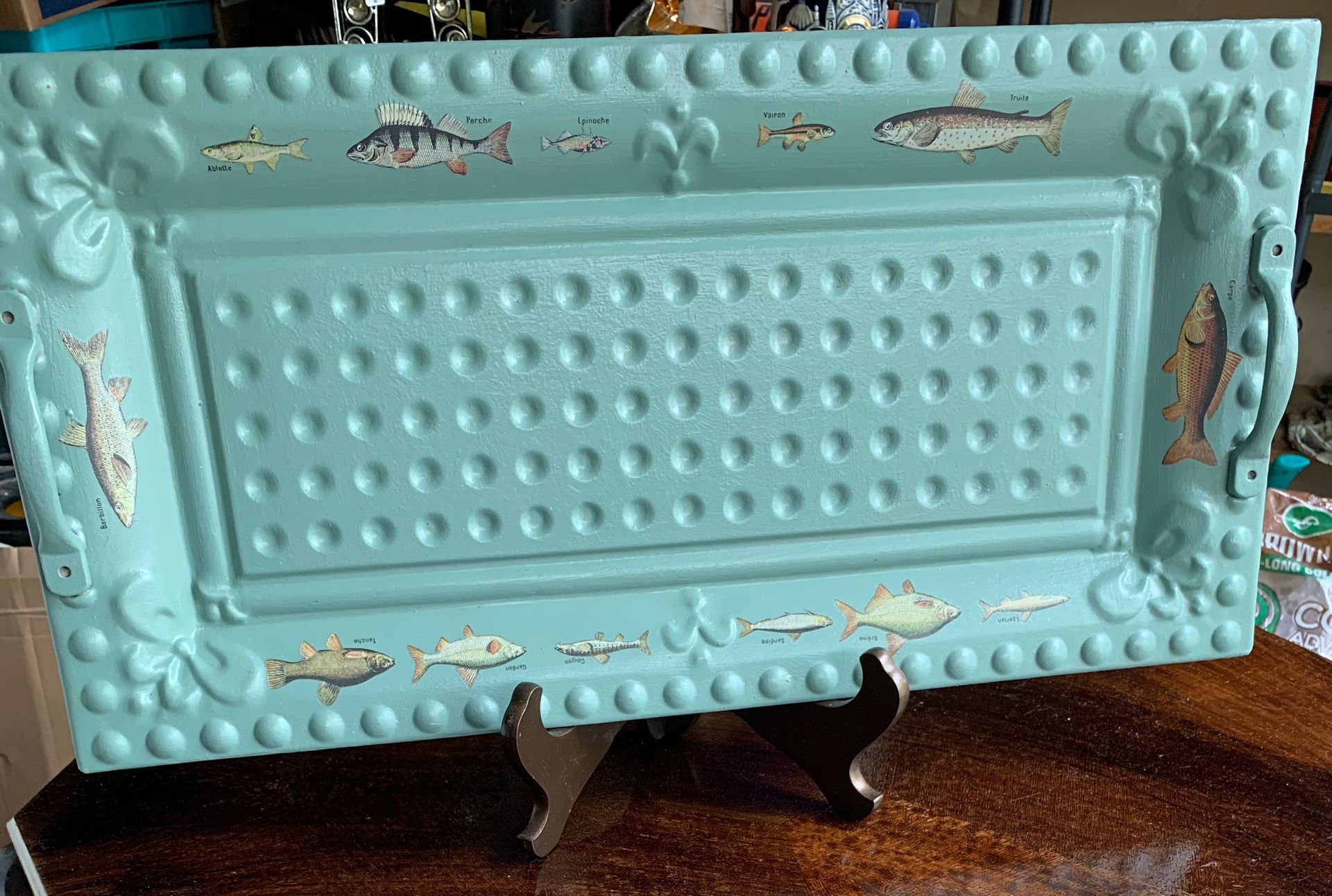 Decorative Metal Serving Tray In Moss Green With Colorful Fish Transfers For Father’s Day For The Fisherman In Your Life!