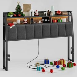 Headboard for Queen Size Bed with 2-Tier Storage, Upholstered Headboards with Outlets, USB Ports, LED Light, Queen Head Board Only