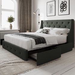 Queen size bed Frame with 4 Storage Drawers and Wingback Headboard
