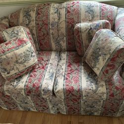 Sofa, love seat, ottoman, matching window curtains