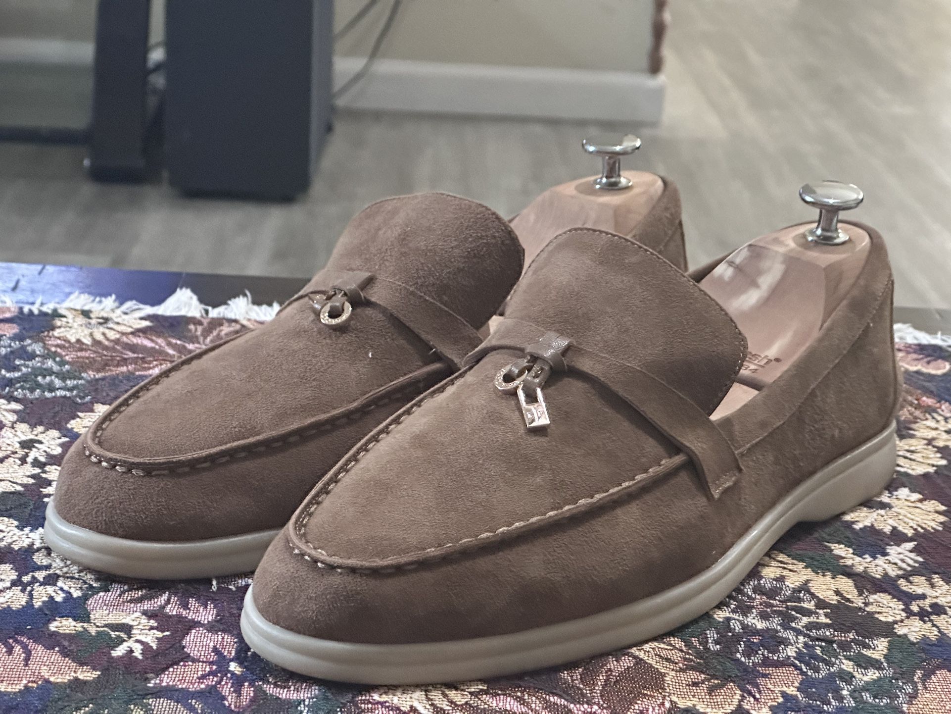 Loro Piana Summer Charms Walk Flats Brown Suede Men’s Slip On Loafers Size