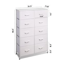 WLIVE Tall Dresser, White, 10 Drawers, Tall Fabric Dresser with Cabinet, Metal Frame.