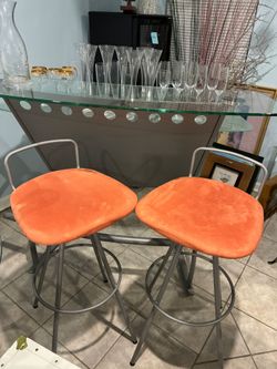 Set of 2 Orange Upholstered Bar Stools
