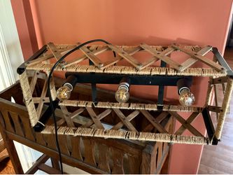 Rustic 3-Light Farmhouse Chandelier Wood Lattice Jute Rope Black Metal