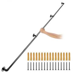 352*Pipe Stair Handrail, 9FT Staircase Handrail, 440LBS Load Capacity Carbon Steel Pipe Handrail, Industrial Pipe Handrail with Wall Mount Support, Ro