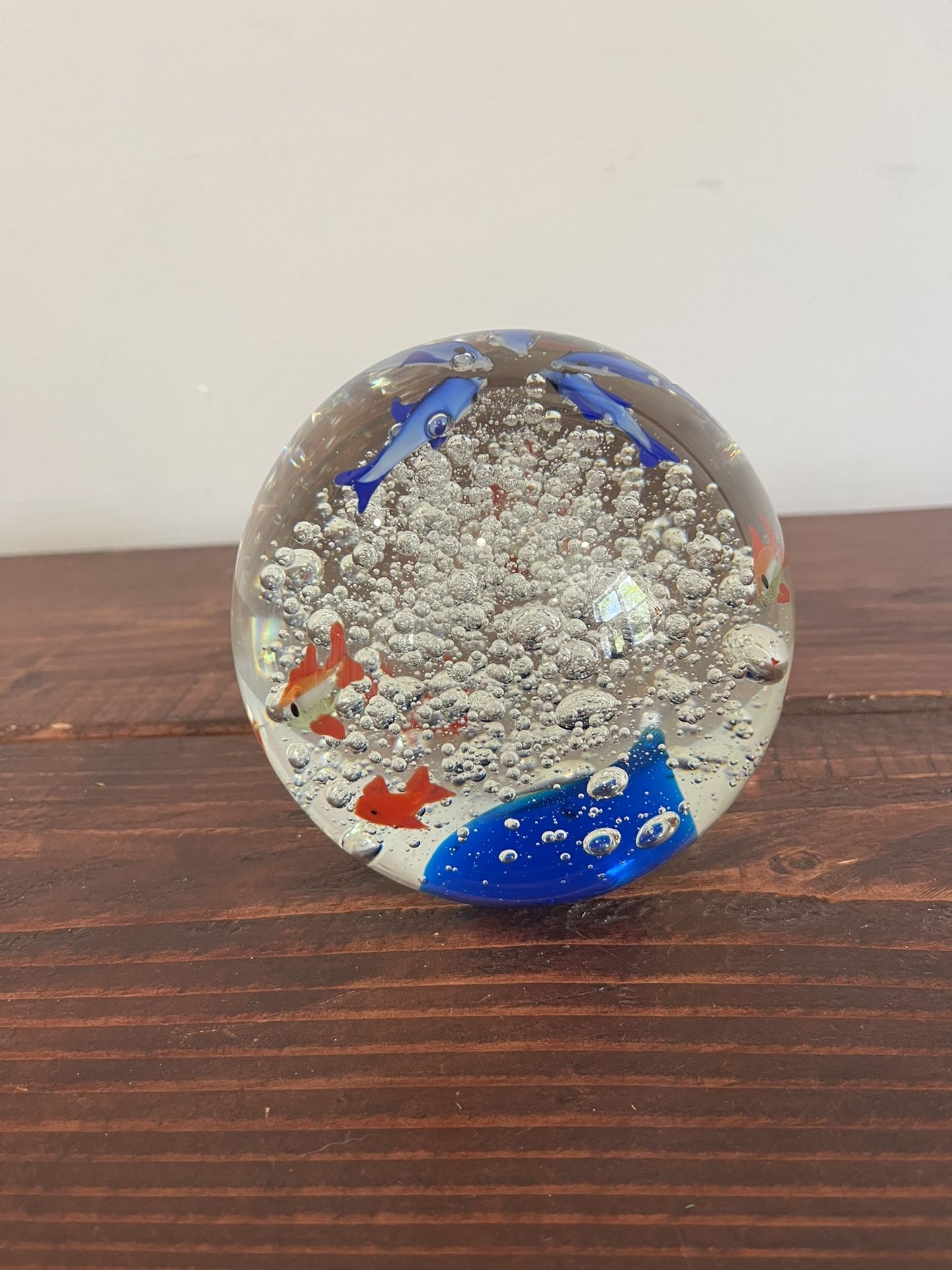 Ocean Glass Art Paperweight Dolphin Fish Bubble Oceanic Vintage