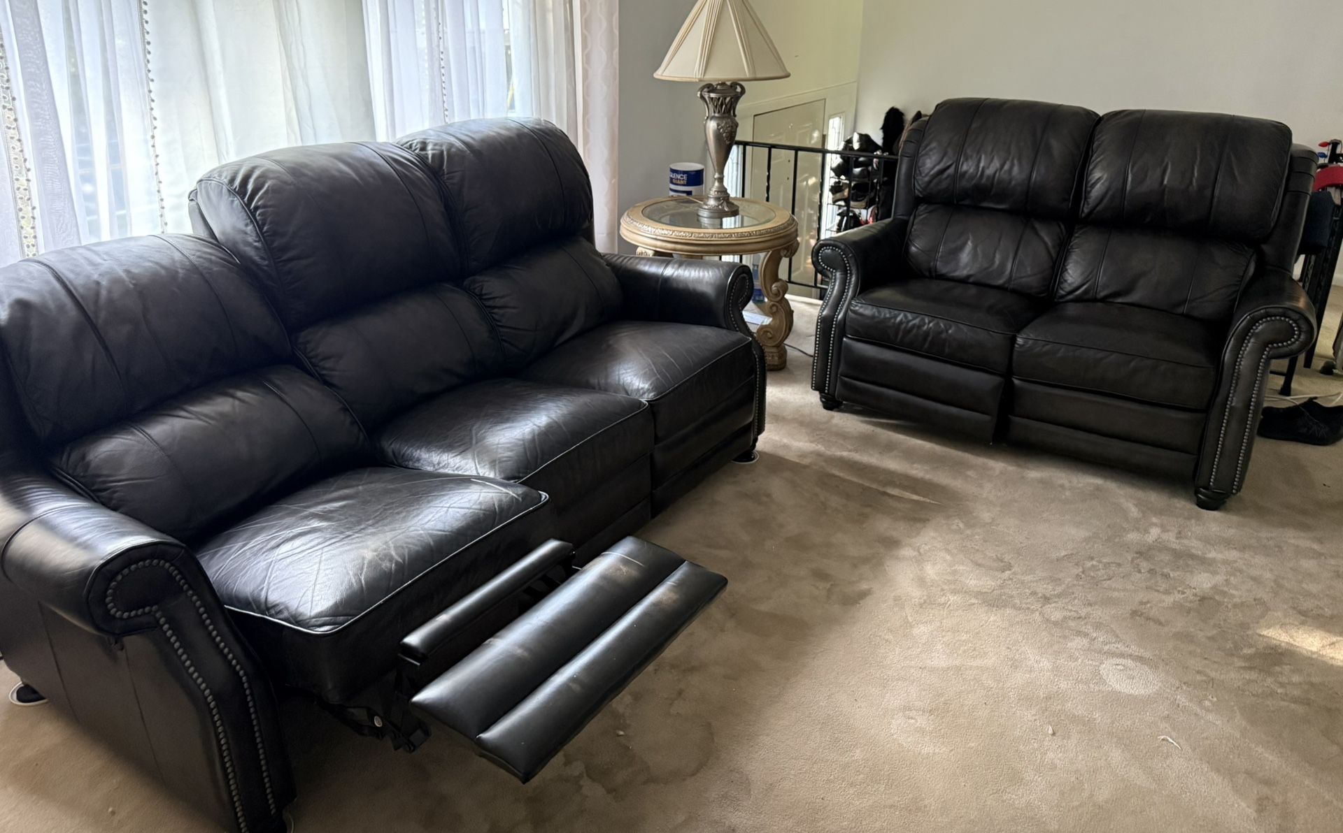 Brown Leather Executive Reclining Couch Set For Sale