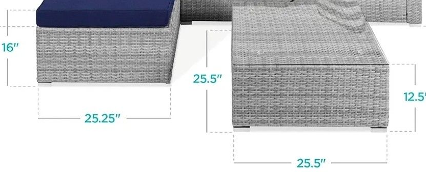 Patio coffee table with glass and Ottoman with cushion 