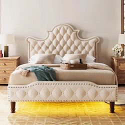 Queen LED Noiseless Bed Frame with 58 inch Tall Tufted Headboard, Small Storage Box, No Box Spring Required
