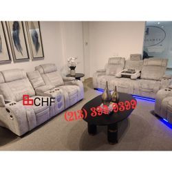 Modern 2 Piece Reclining Sofa And Loveseat With Cup Holders And LED