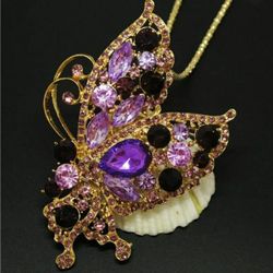 Beautiful! Purple Crystal & Rhinestone Butterfly Charm w/Free Chain 🦋😊🦋