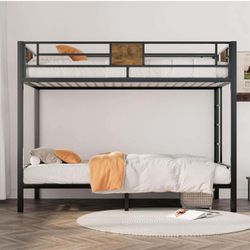 Loft Bunk Bed Twin Over Twin Size, Metal Slats Support, Rustic Design S-57