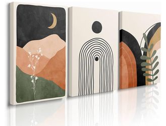 Boho Art Wall Decor for Bedroom Modern Mid Century Wall Art Large Bathroom Canvas Framed Neutral Artwork Abstract Geometric Wall Decor Burn Orange Bla