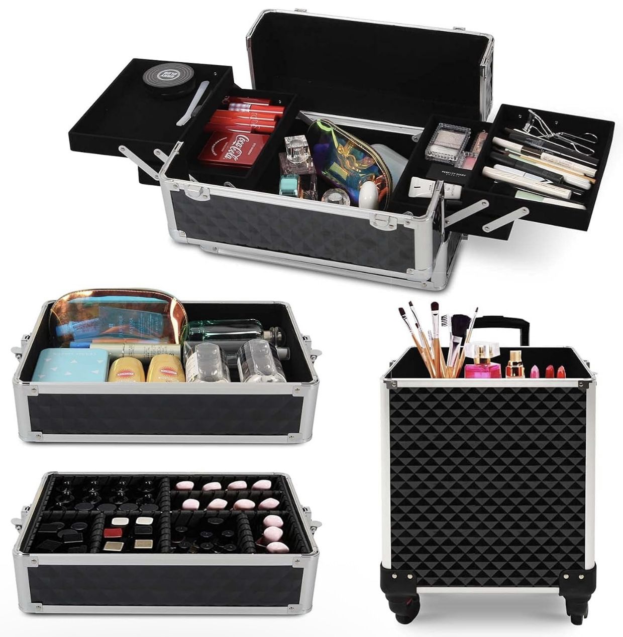 🦃 1 CAMORSA 4-in-1 Professional Makeup Train Cases Large Storage Cosmetic Case, BLACK... Value $110