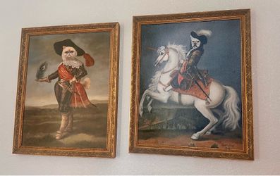 Vintage Style Framed Cat & Dog Portrait Prints (Set of 2)