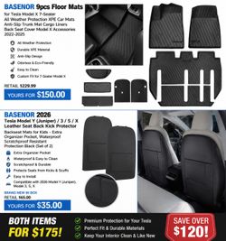 Brand new BASENOR Tesla accessory bundle! Includes a complete 9-piece all-weather floor mat set for the Tesla Model X 7-Seater (2022-2025) and a set o