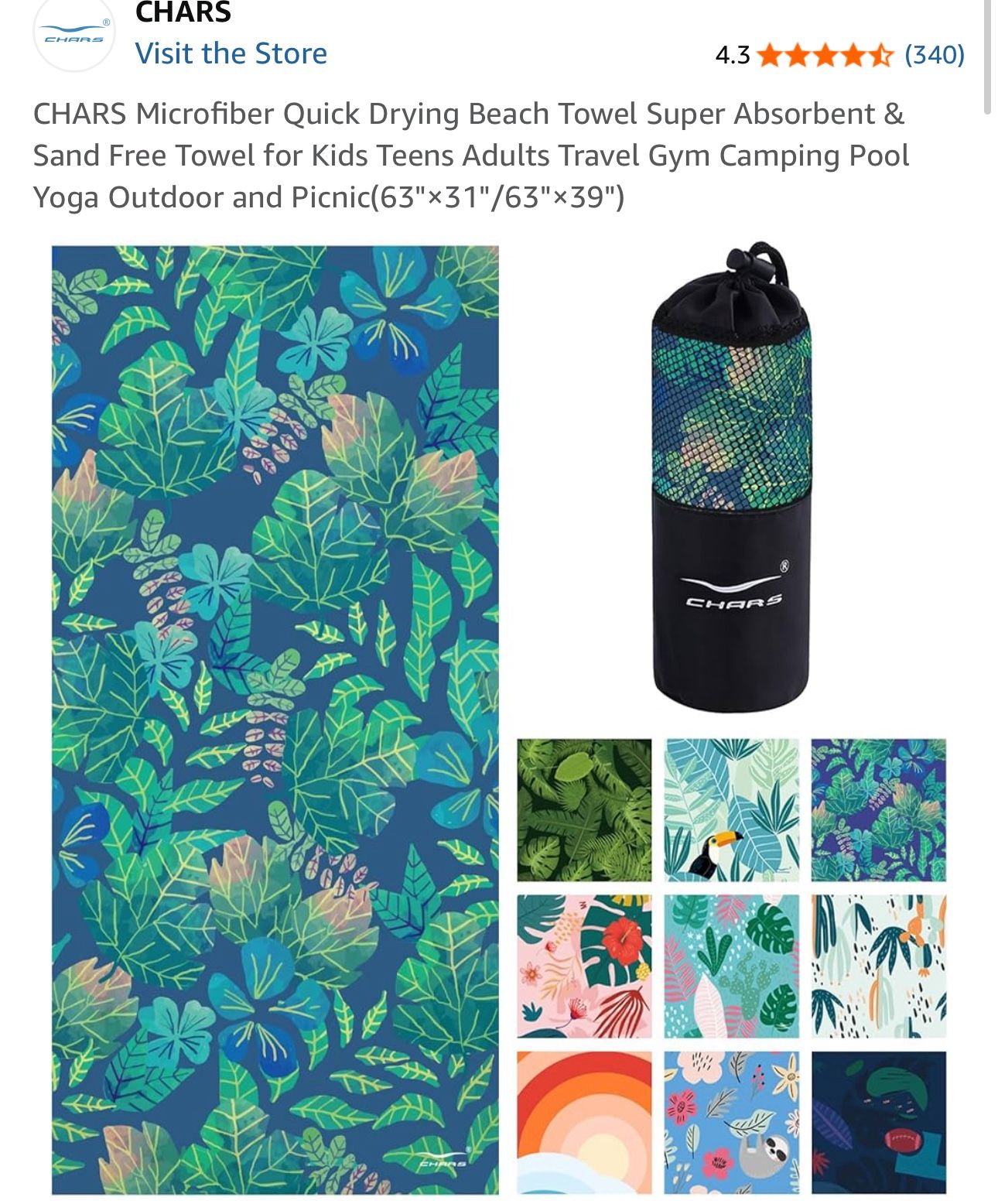CHARS Microfiber Quick Drying Beach Towel