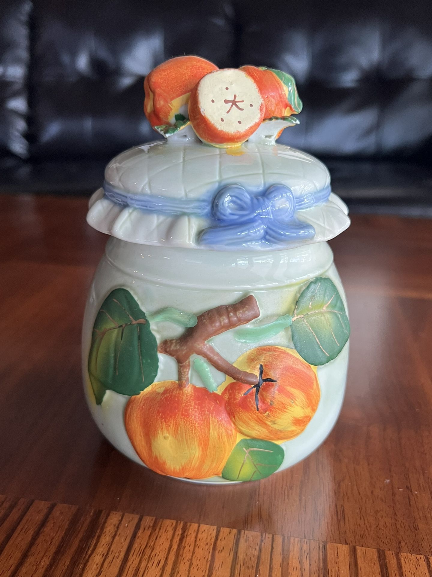 Vintage Colorful Ceramic Canister Cookie Jar, Ruffled Fruit Lid, Raised Fruit Design, Embossed.