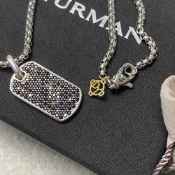 David Yurman Silver Dog Tag With Black Diamonds