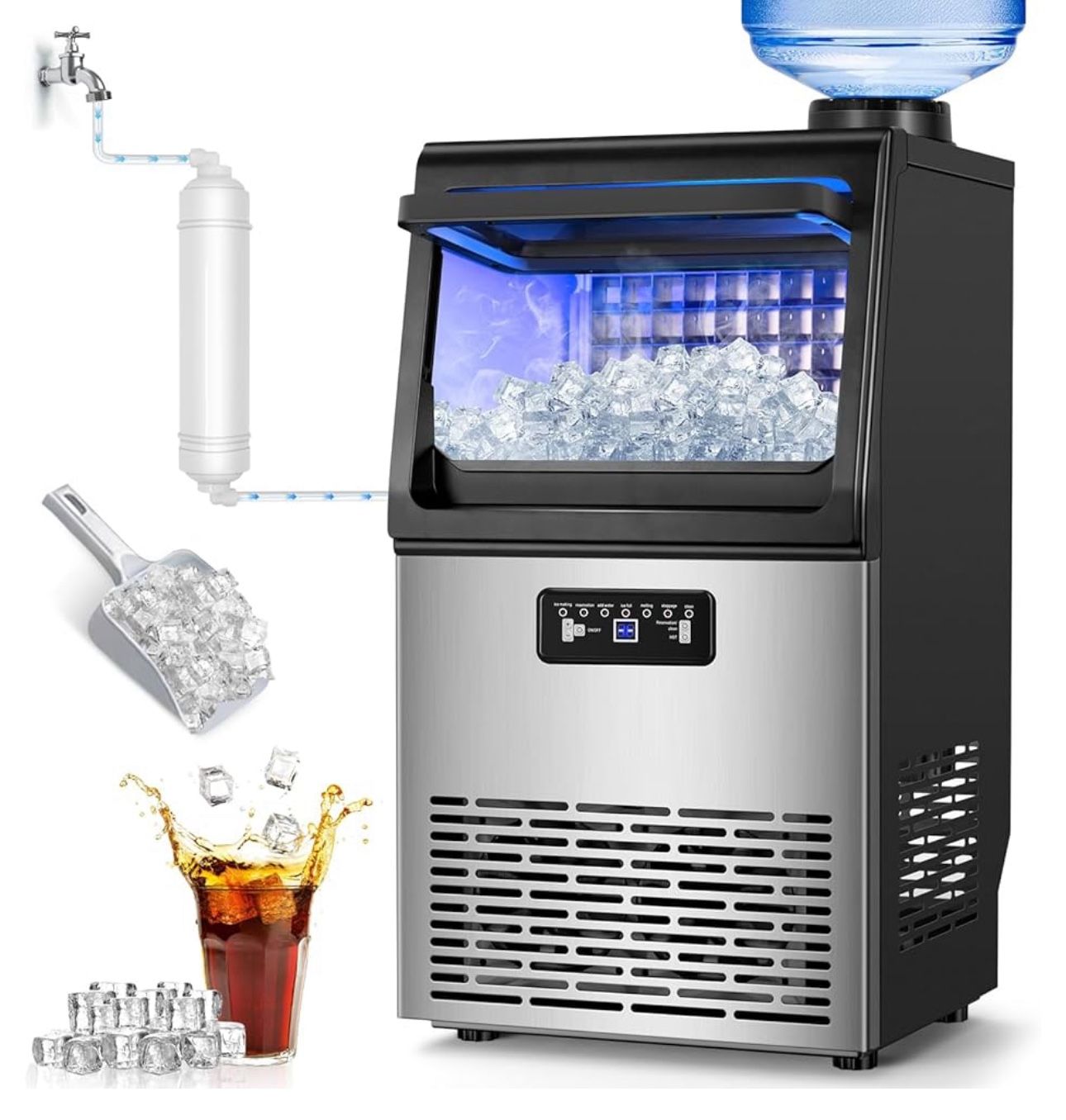 Commercial Ice Maker Machine 100LBS/24H with 20LBS Storage Bin, Gallon Water & Facuet Water Inlet, 36PCS 15" Wide Undercounter/Freestanding Ice Maker