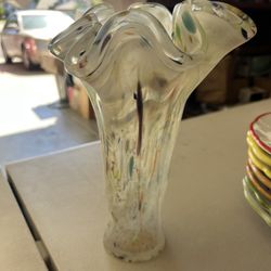 Murano Tammaro Art Glass  16” tall Ruffled Multicolor Vase, Hand made in Italy