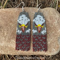 Eagle Beaded Earrings With Fringe, New, Handmade By Me
