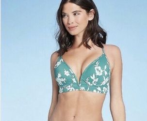 New Shade & Shore Bikini Top 34B Plunge Teal Green & Flower Tropical