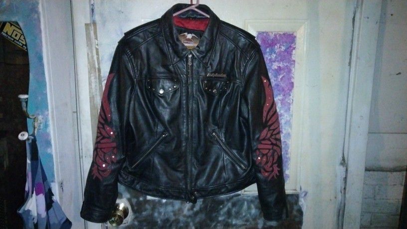 Womens Black Harley Davidson SANTA CRUZ Leather Jacket Elaborate Eagle On Arms 