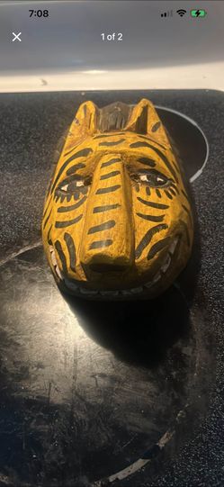 Hand Carved Wooden Jaguar Tiger Mask Folk Art Wall Hanging 3x5 Hand Painted