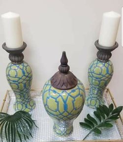 Set of 2 candle holders and a matching decorative piece(vase)
