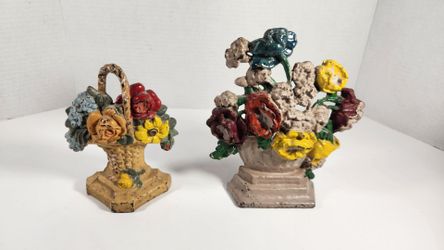 LOT OF 2 VINTAGE CAST IRON DOORSTOPS FLOWER BASKETS