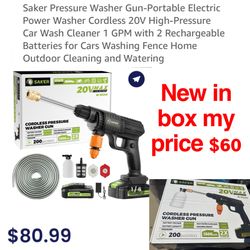 New in box Saker Pressure Washer Gun-Portable Electric Power Washer Cordless 20V High-Pressure Car Wash Cleaner 1 GPM with 2 Rechargeable Batteries fo