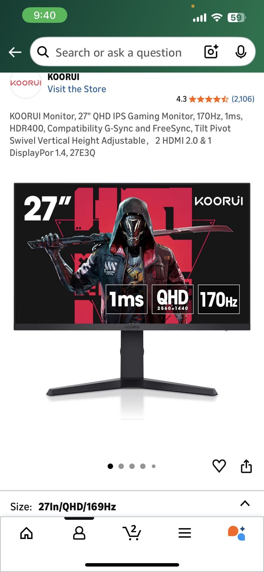 Koorui 27" Gaming Monitor 170 Hz IPS G-Sync and FREESYNC COMPATIBLE