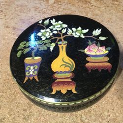 Daher Tin With Asian Cloisonne Style Design Flowers Plants