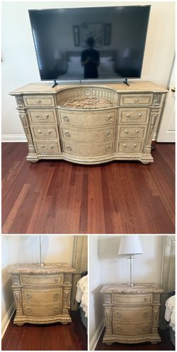 Ornate Champagne/Silver Bedroom Set — Dresser & Pair of Nightstands (Marble Top)