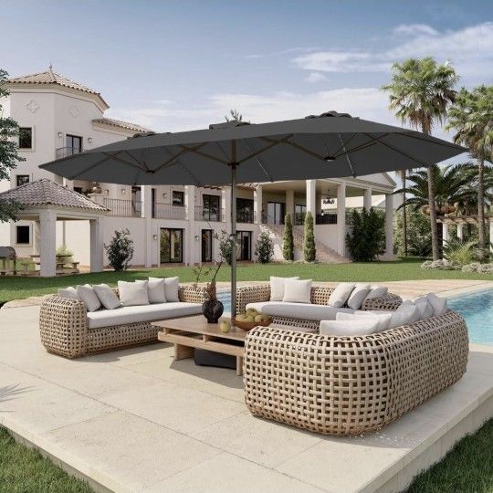 15FT Double Sided Patio Umbrella with Base Included Large Outdoor Market Umbrella with Crank Handle, UV Resistant Canopy, Sturdy Frame for Garden, Poo