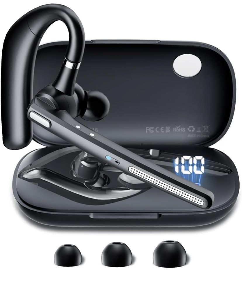 Bluetooth Headset V5.3, Wireless Earpiece with 500mAh Charging Case Hand-Free Headphones Noise Canceling Mic for Office/Driving/Business