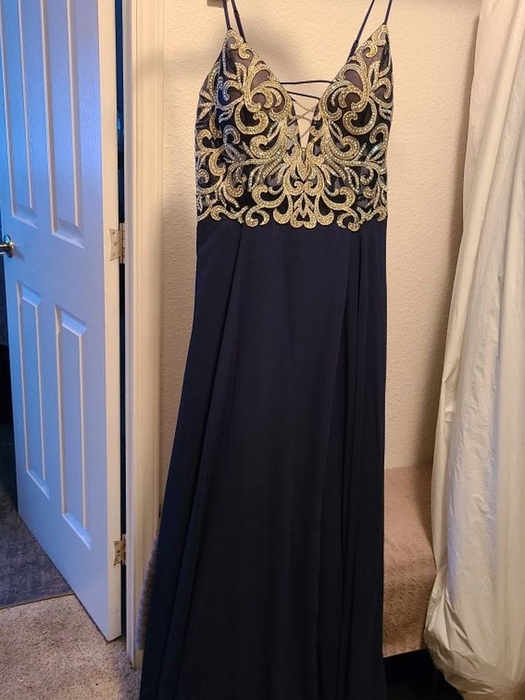 Gold & Navy Blue Formal Dress