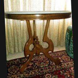 Antique Victorian Walnut Round Marble Top Table - 1800's