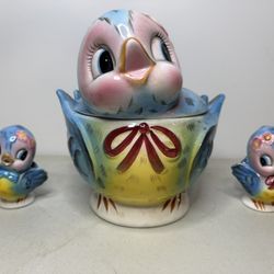 Vtg Lefton/Norcross Bluebird Japan/Cookie Jar & Salt And Pepper Shakers