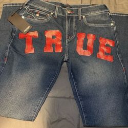 True Religion Bootcut Jeans Blue Denim Red Embroidered Logo World Tour Men's