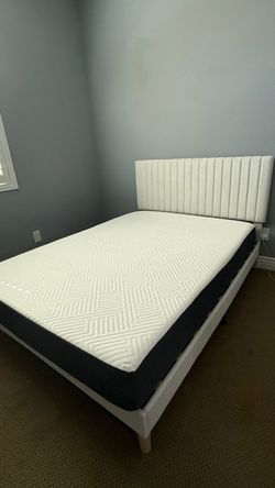 Full Size Bed Frame + Mattress – Cream Velvet Headboard