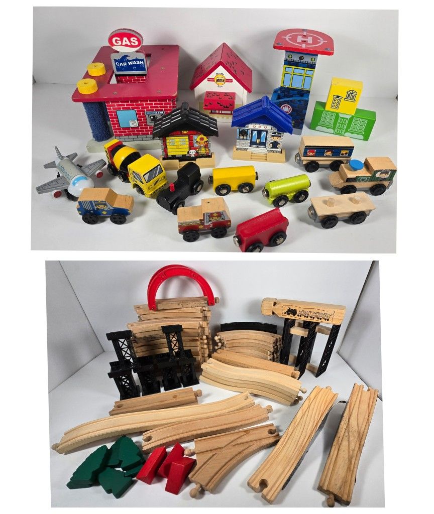 Wooden Train Track Set Police Fire Cars Buildings Bridge Thomas Battat KidCraft