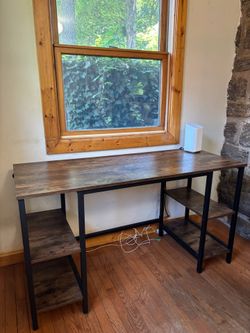 Wooded and metal desk with shelves